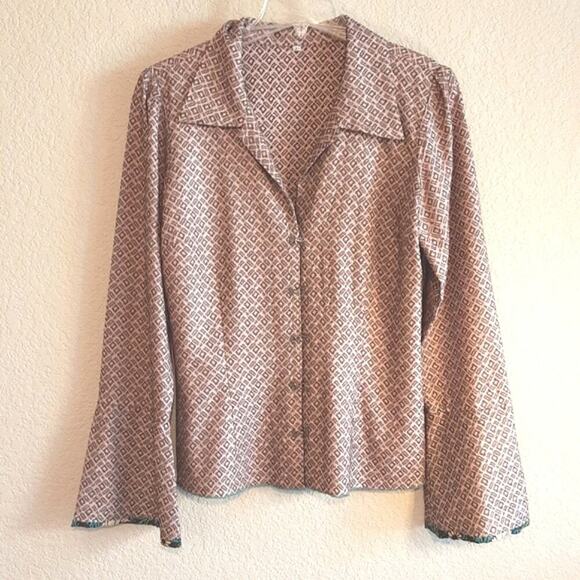 Johnny Was Biya Collection 100% Silk Flare Cuff Hook Close Light Shirt JacketL